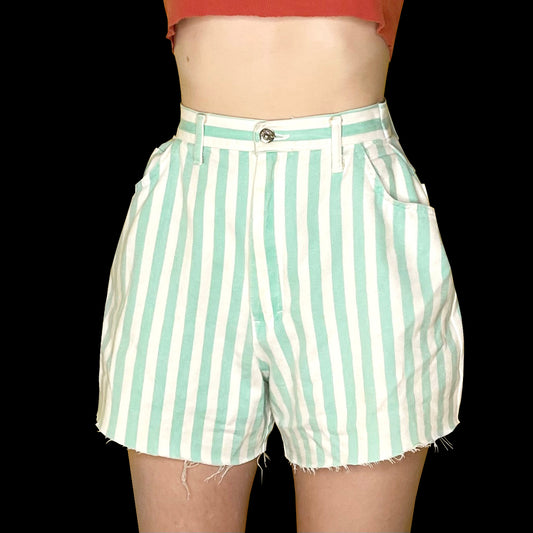 80s Mint & White Vertical Striped Denim Shorts (25”)