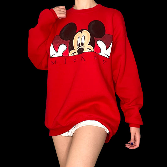 90s Cherry Red Mickey Mouse Pullover Sweatshirt (XL)
